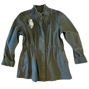 Elle Green Military Jacket Womens Size M Cotton Roll Tab Sleeves Elastic Waist